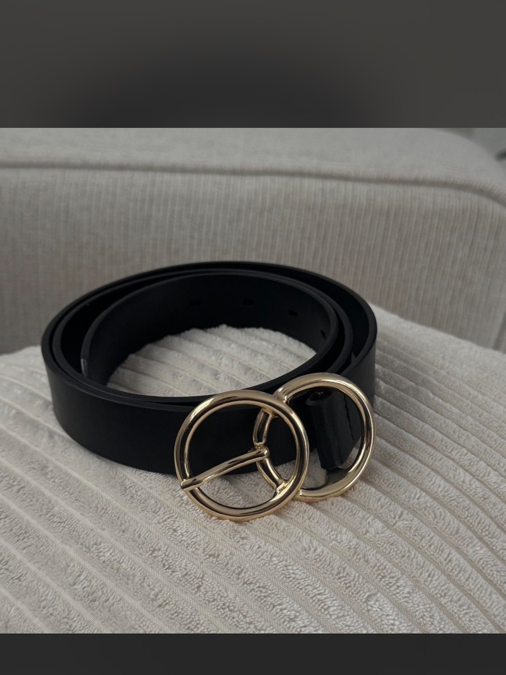 Black Leather Belt with Double Gold Ring Buckles